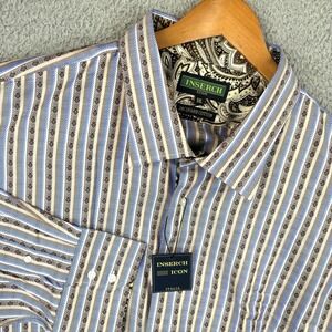 NEW Inserch Button Shirt Mens 5XL Blue Tan Stripe Jacquard 100% Cotton Casual